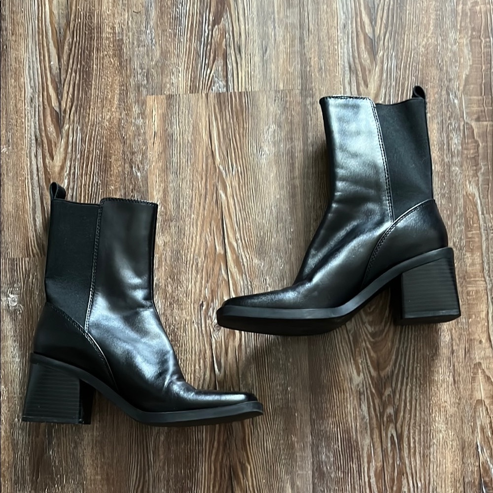 Zara Black Leather Mid-Calf Block Heel Boots